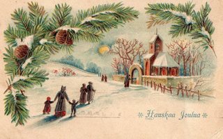 Vanha joulukortti-matkalla kirkkoon, koho
