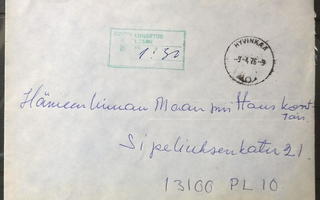 Lunastettava kirje - Hyvinkää 1976, postitus ilman merkkiä
