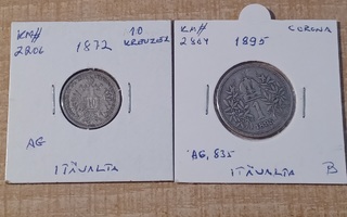 10 Kreuzer + 1 korona 1872 ja -95 itävalta KL 6 ja 5