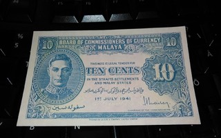 Malaya British 10 Cents 1941 XF-aUNC