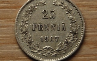 Hopeaa  25 Penniä 1907 Nikolai II
