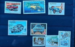 Autot traktori kärryt bussit kuorkki ym - 18 postimerkkiä