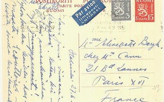 1952 15mk ehiö lisämerkillä lentopostissa Ranskaan