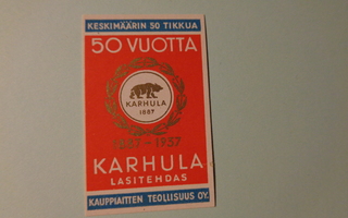 TT-etiketti Karhula Lasitehdas 50 vuotta 1887 - 1937
