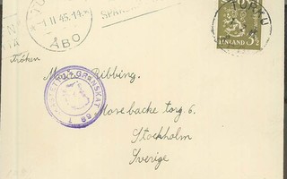 1942 3,5mk oliivi kaunis kirje Ruotsiin