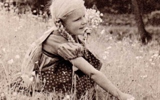 LAPSI / Lettipäinen tyttö poimii vuokkoja niityllä. 1930-l.