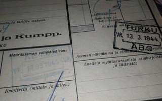 VR Äetsä Turku Asemaleima Rahtikirja 2kpl 1944 PK140/8