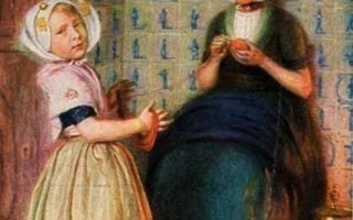 LAPSET / Tyttö kerii lankaa, ystävä pitää vyyhtiä. 1900-l.