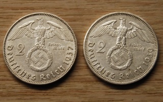 NATSISAKSA 2 Reichsmark 1937,1939,Hakaristi,  Hopea