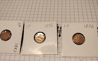 1 penni 3 kpl vuosilta 1876, 1883 ja 1988