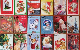 Kissa ja koira aiheisia joulukortteja