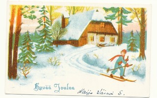Tyttö hiihtämässä - vanha joulukortti