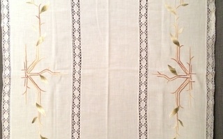 Kaunis wanha valkoinen pitsireunainen pöytäliina 73 x 74 cm
