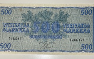 500 mk 1956, A4227697, harvinaisempi kellertävä, kunto 4-5