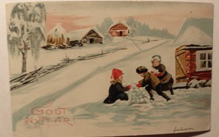 Kortti, lapset lumilyhtyä tekemässä piirt. Lydia Svanström