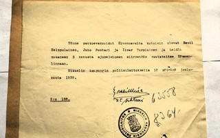 1939 Mikkeli VR  evakuointidokumentti Kivennapa-Hämeenlinna
