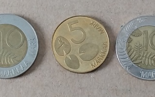 5 mk 1995 norppa Ja 2 x 10 mk metso 1993