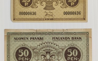 25 PENNIÄ & 50 PENNIÄ 1918, PIENEHKÖT NUMEROT