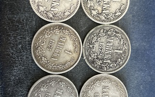 1 markka 1865-1893, kuusi kpl