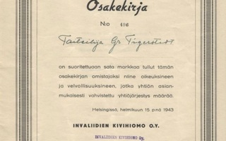 1943 Invaliidien Kivihiomo Oy, Helsinki osakekirja