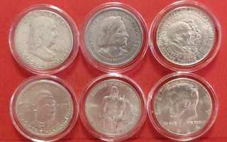 USA, 6 kpl half silver Dollar, 900 hopeaa.. (KD20)