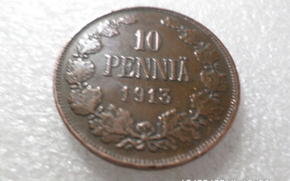 10  penniä  1913  kulkematon   tasaisesti patinoitunut ,