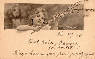 Vanha postikortti- lapsi ja kukkiva oksa