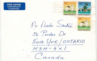 1994 3 muumimerkkiä kirjeellä Kanadaan