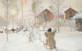 Carl Larsson - Tyttö ja kelkka - talo + puutarha