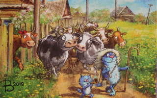 Irina Zeniuk sininen kissa johtaa lehmät laitumelle