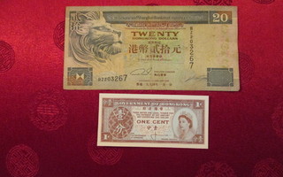 Hong Kong seteleitä 2 kpl 1 One cent ja 20 Dollars 1994.