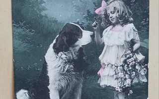 Tyttö ja koira, vanha väripk, p. 1908