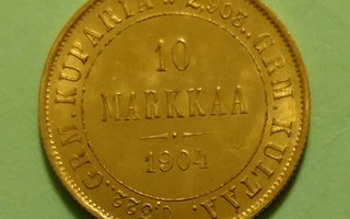 10 makkaa 1904 kulta raha, erinomainen kunto.