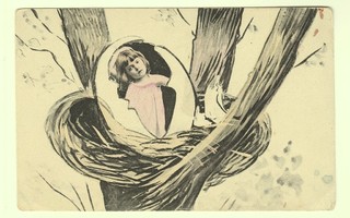 Vanha postikortti: Linnunmunasta kuoriutuva tyttö
