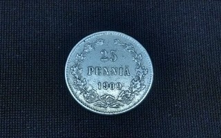 25 penniä hopea vuodelta 1909 Nikolai II