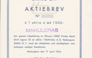 1944 Hedengren Sähkö Oy bla, Helsinki osakekirja