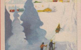 Martta Wendelin Reki ja kaksi hiihtäjää kylätiellä Hy 926 R1