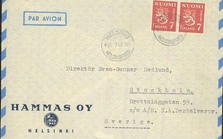 1947 7mk punainen leijona pari lentokirje Ruotsiin