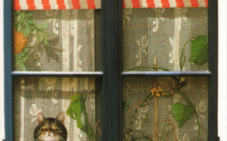 Annemarie Bardon : Kissa ikkunalla, punaraitainen verho