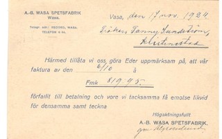 Vaasa,  v. 1924  firmakortti kotiseutukeräilijälle