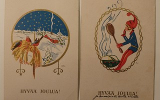 2 kpl Joulukortteja, piirt. Margit Broberg