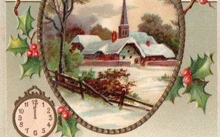 Vanha joulukortti- kirkko ja maisema kehyksessä, koho