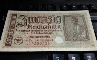 Natsi Saksa 20 RM Hakaristi seteli 1940-45 PR139 sn525