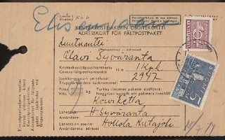 1944 pakettikortti kp-merkki ja 5mk Olavinlinna