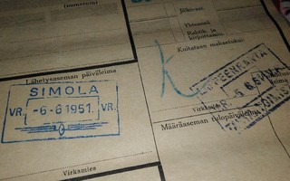 VR Simola Lappeenranta Asemaleima Rahtikirja 1951 PK140/8
