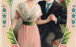 Vanha postikortti- romanttinen pari kehyksessä