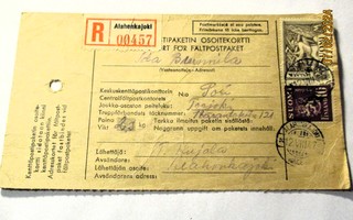 1947 Alahonkajoki R kenttäpostipakettikortin myöhäiskäyttö