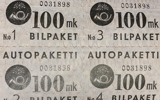 AUTOPAKETTIMERKKI 1949/50 100MK W3 NELIÖ**