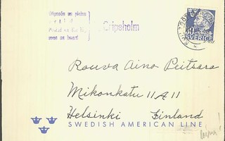 Ruotsi Mi 326 kortti Suomeen - sent on board Cripsholm