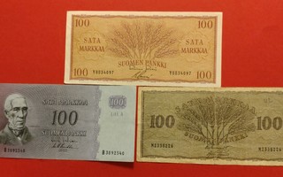 100 markkaa 1955, 1957 ja 1963, kunto 4-6 (KD20)